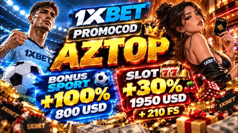 1xbet promo 2026 with code AZTOP for a 100% sports bonus and 210 free spins